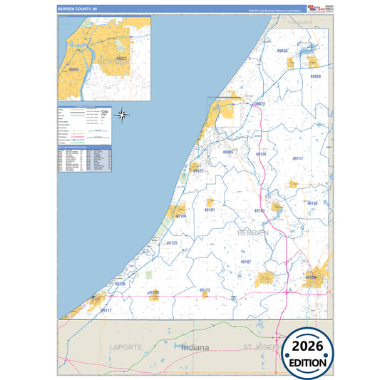Berrien County, MI Business Reference 5 Digit ZIP Code Wall Map