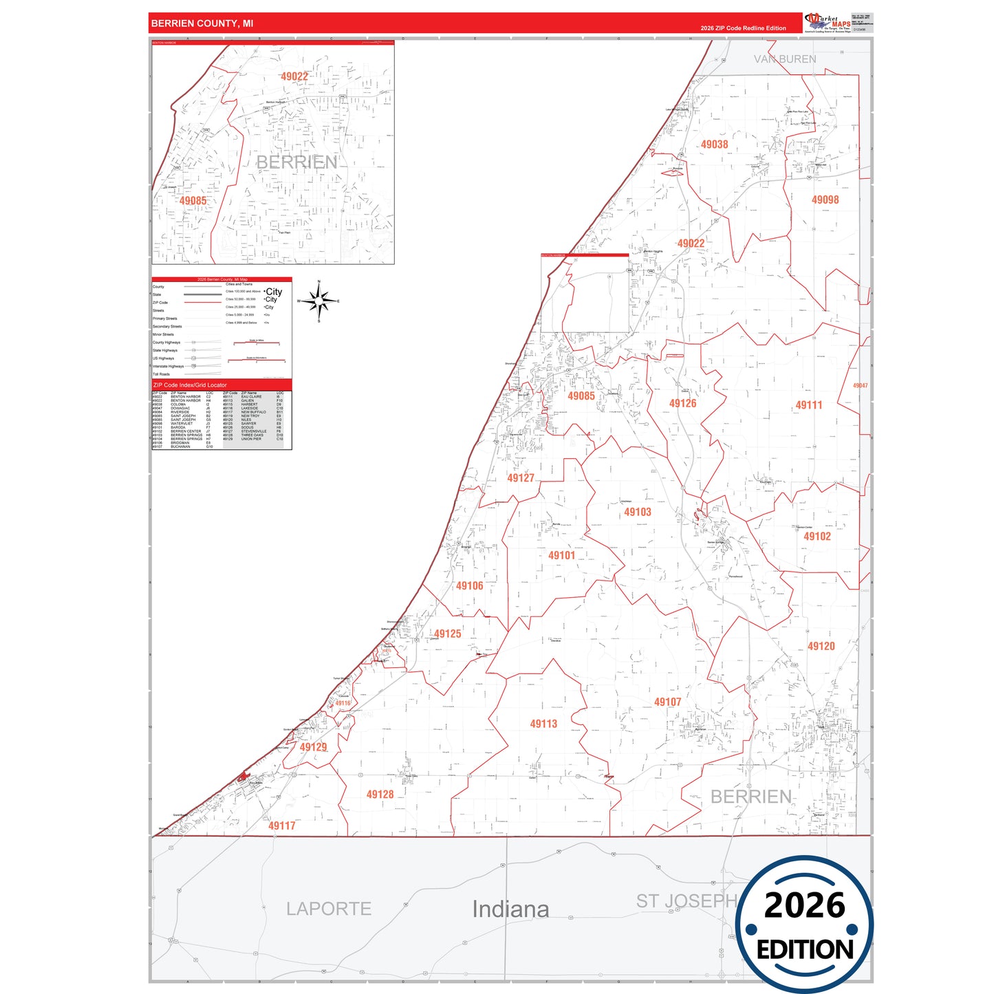 Berrien County, MI Red Line map with detailed roads, cities, and ZIP code boundaries.