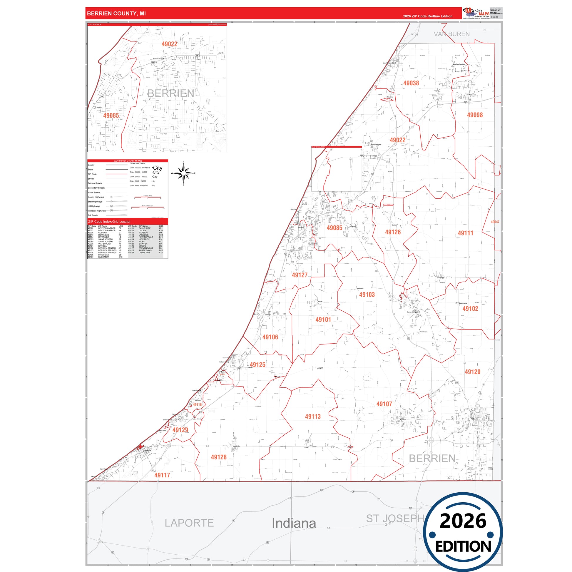 Berrien County, MI Red Line map with detailed roads, cities, and ZIP code boundaries.