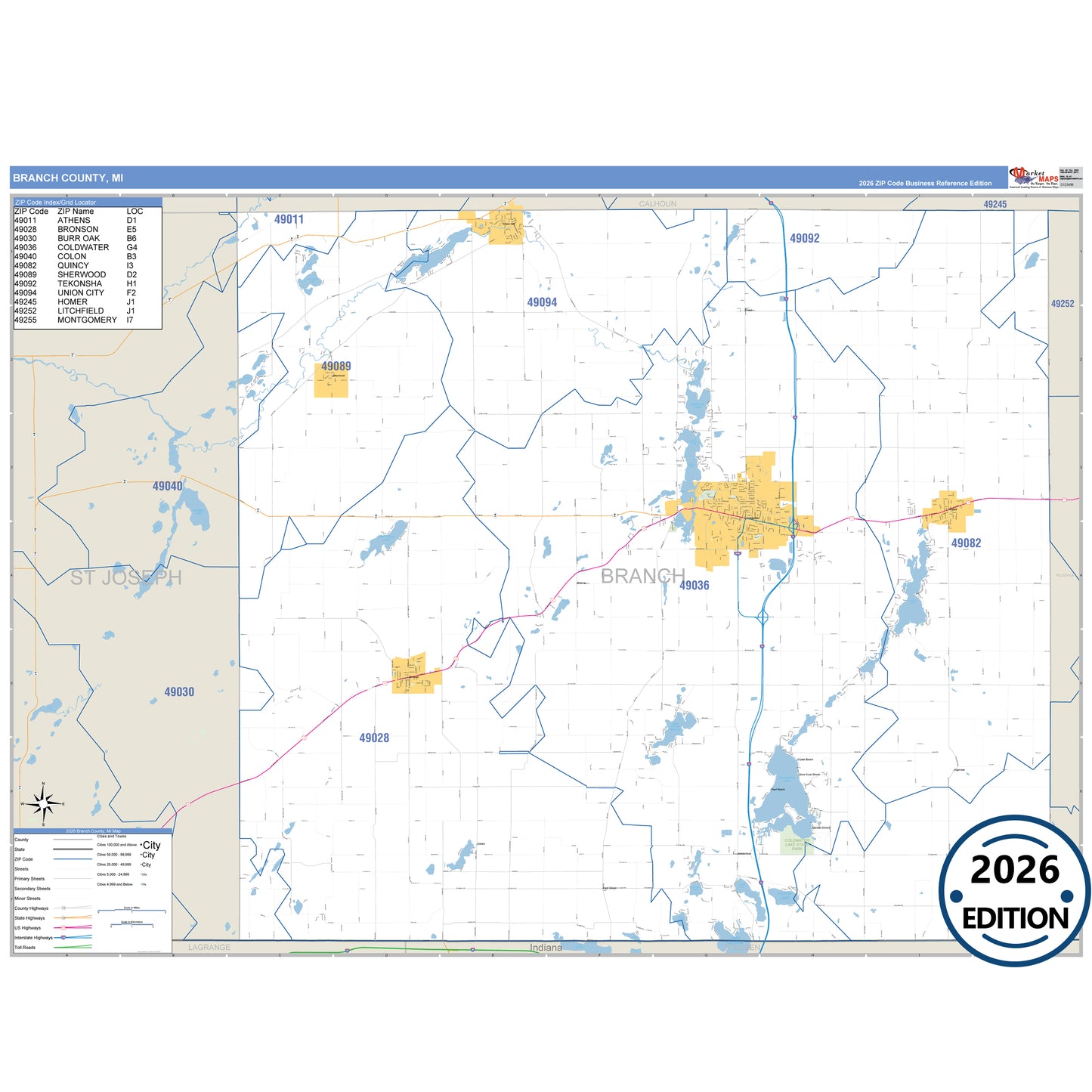 Branch County, MI Business Reference 5 Digit ZIP Code Wall Map