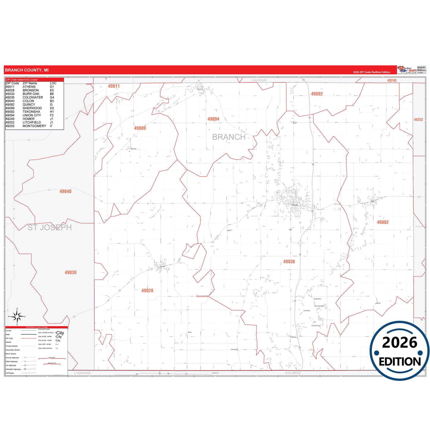Branch County, MI Red Line 5 Digit ZIP Code Wall Map