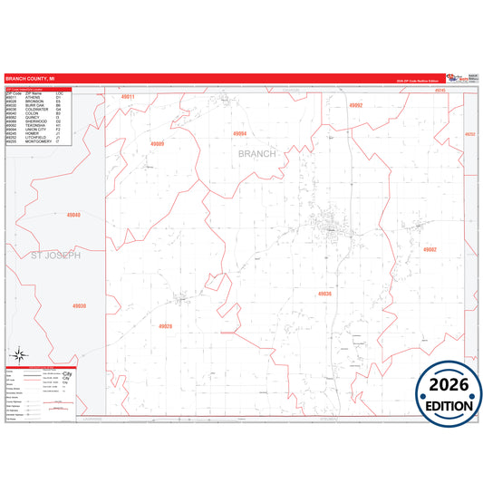 Branch County, MI Red Line 5 Digit ZIP Code Wall Map