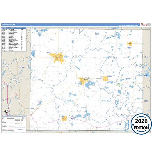 Cass County, MI Business Reference 5 Digit ZIP Code Wall Map