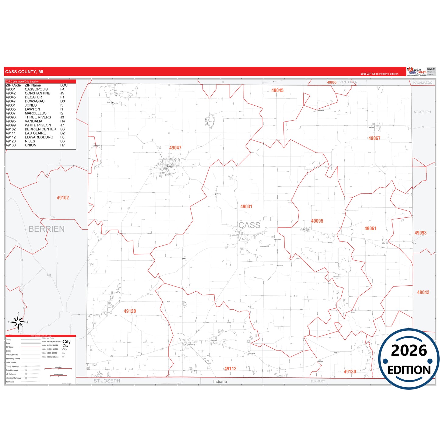 Cass County, MI Red Line 5 Digit ZIP Code Wall Map
