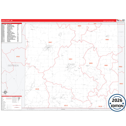 Cass County, MI Red Line 5 Digit ZIP Code Wall Map