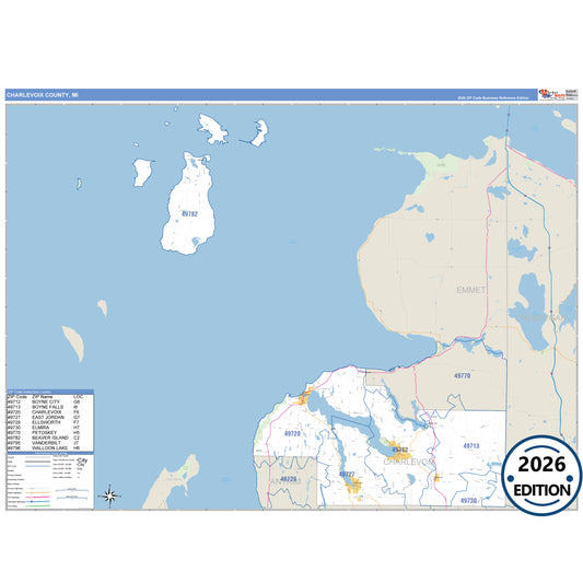 Charlevoix County, MI Business Reference 5 Digit ZIP Code Wall Map