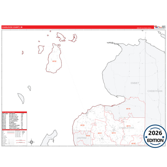 Charlevoix County, MI Red Line 5 Digit ZIP Code Wall Map