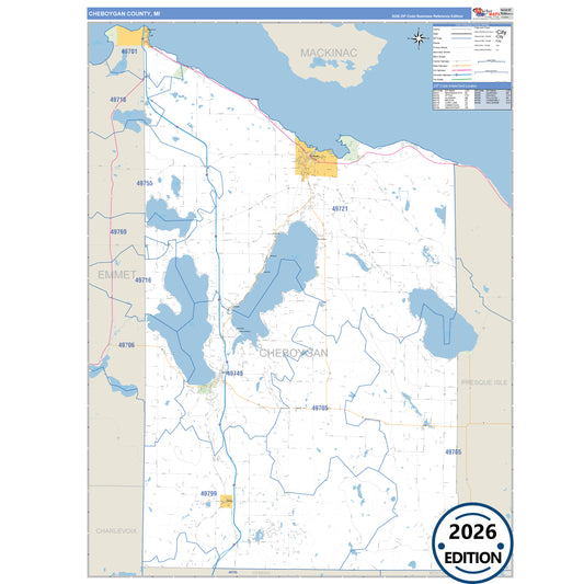 Cheboygan County, MI Business Reference 5 Digit ZIP Code Wall Map
