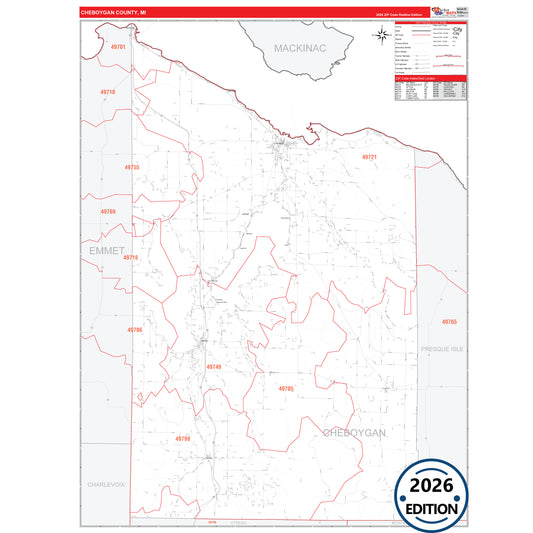 Cheboygan County, MI Red Line 5 Digit ZIP Code Wall Map