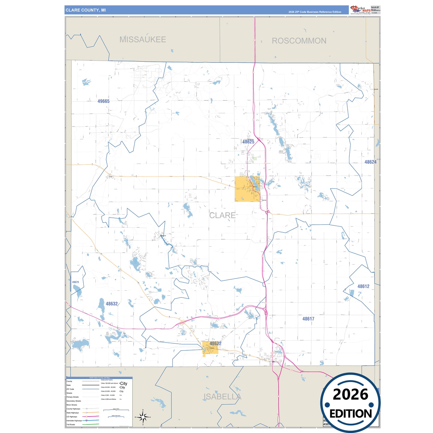 Clare County, MI Business Reference 5 Digit ZIP Code Wall Map
