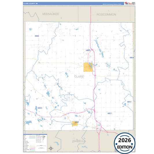 Clare County, MI Business Reference 5 Digit ZIP Code Wall Map