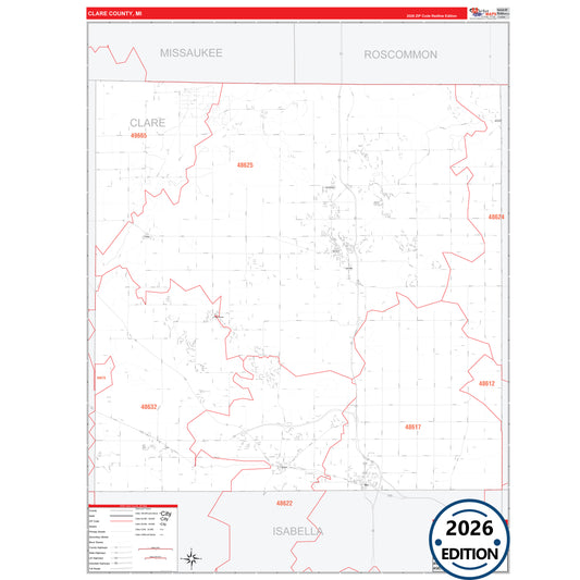 Clare County, MI Red Line 5 Digit ZIP Code Wall Map