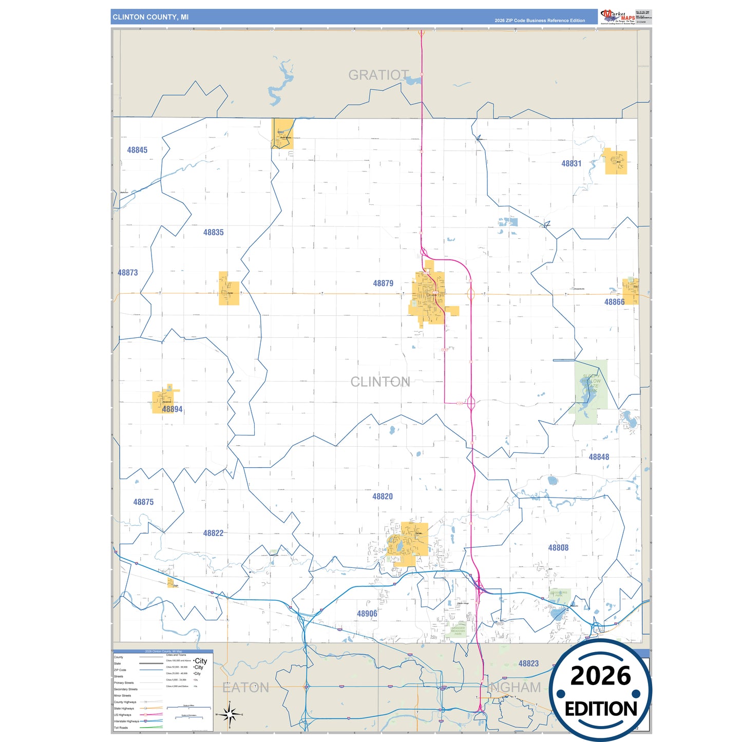 Clinton County, MI Business Reference 5 Digit ZIP Code Wall Map