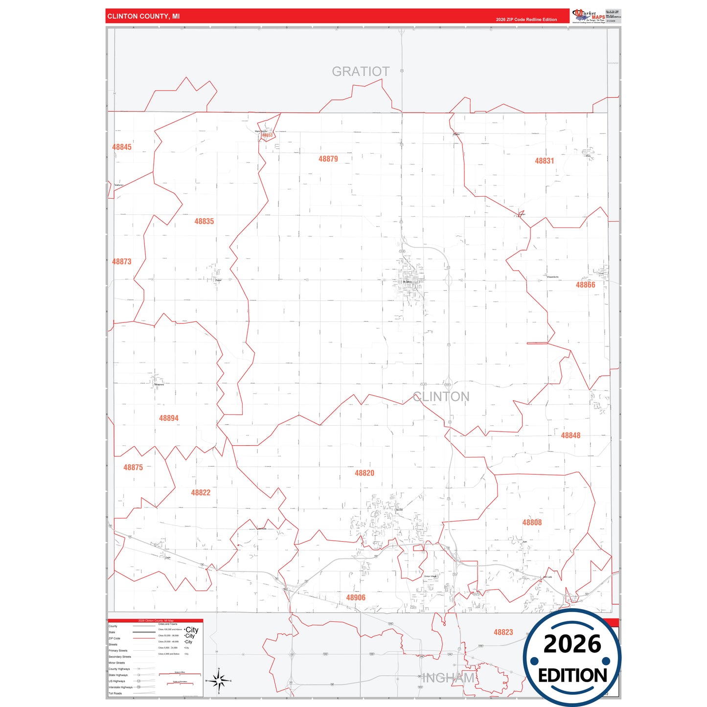 Clinton County, MI Red Line 5 Digit ZIP Code Wall Map