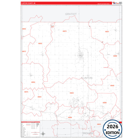 Clinton County, MI Red Line 5 Digit ZIP Code Wall Map