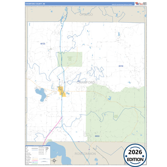 Crawford County, MI Business Reference 5 Digit ZIP Code Wall Map
