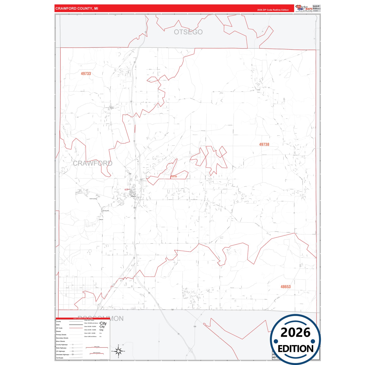 Crawford County, MI Red Line 5 Digit ZIP Code Wall Map