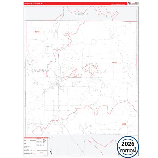 Crawford County, MI Red Line 5 Digit ZIP Code Wall Map