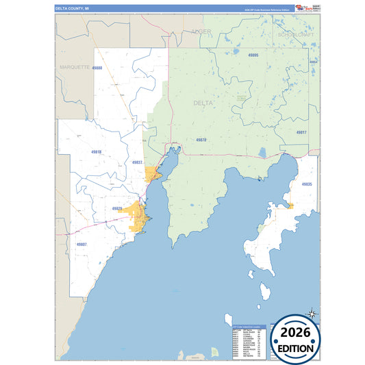 Delta County, MI Business Reference 5 Digit ZIP Code Wall Map