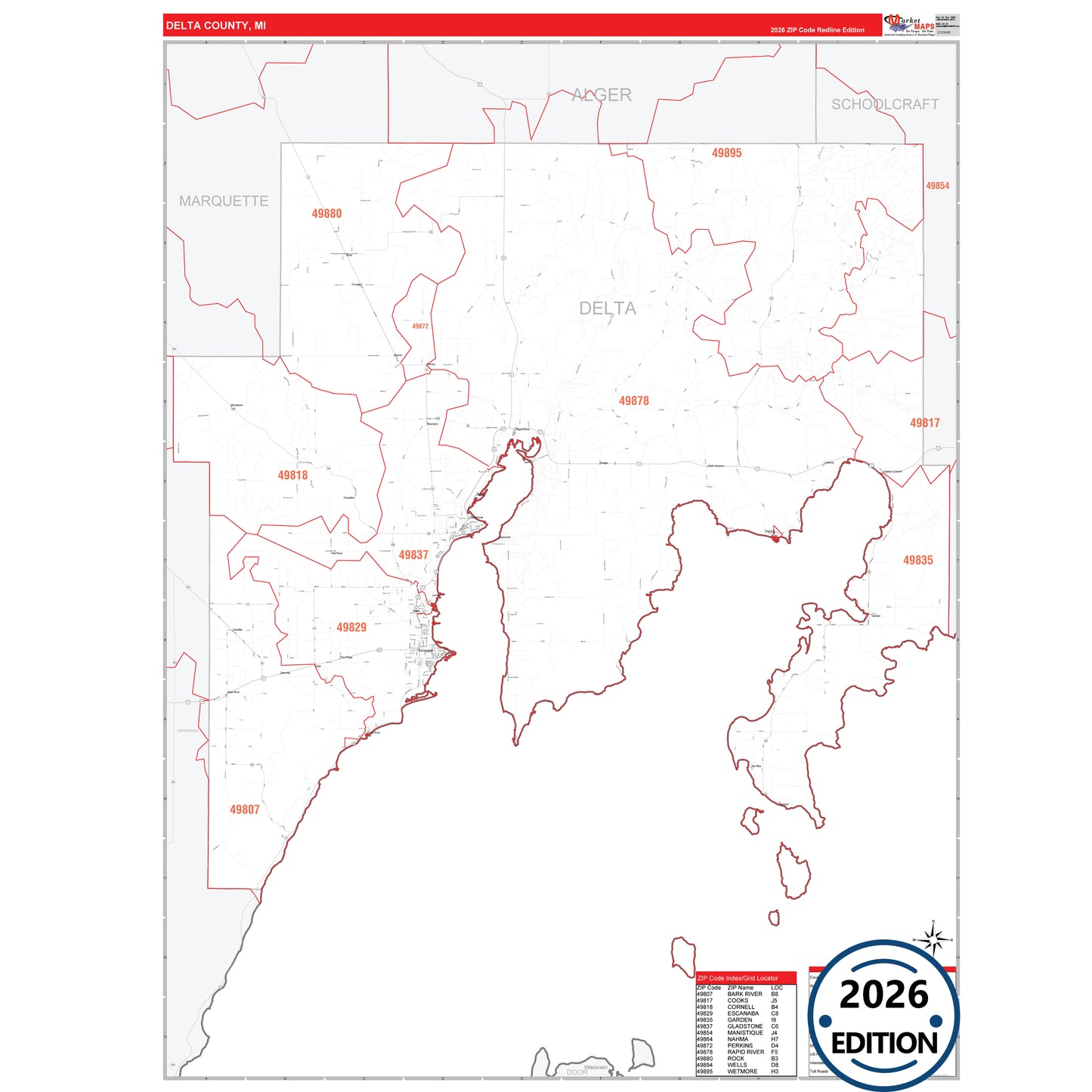 Delta County, MI Red Line 5 Digit ZIP Code Wall Map