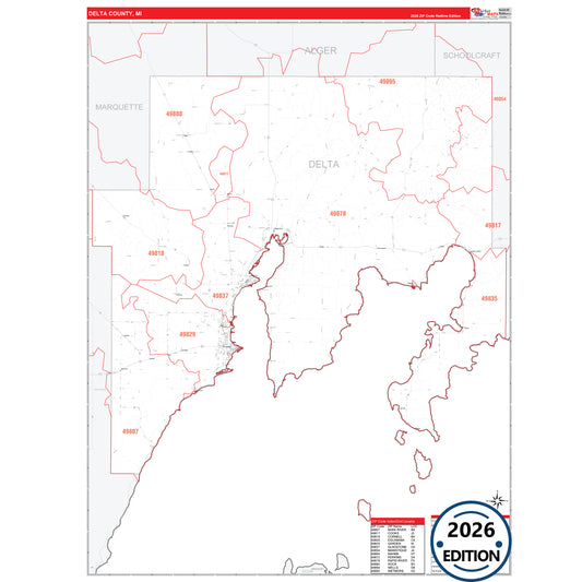Delta County, MI Red Line 5 Digit ZIP Code Wall Map