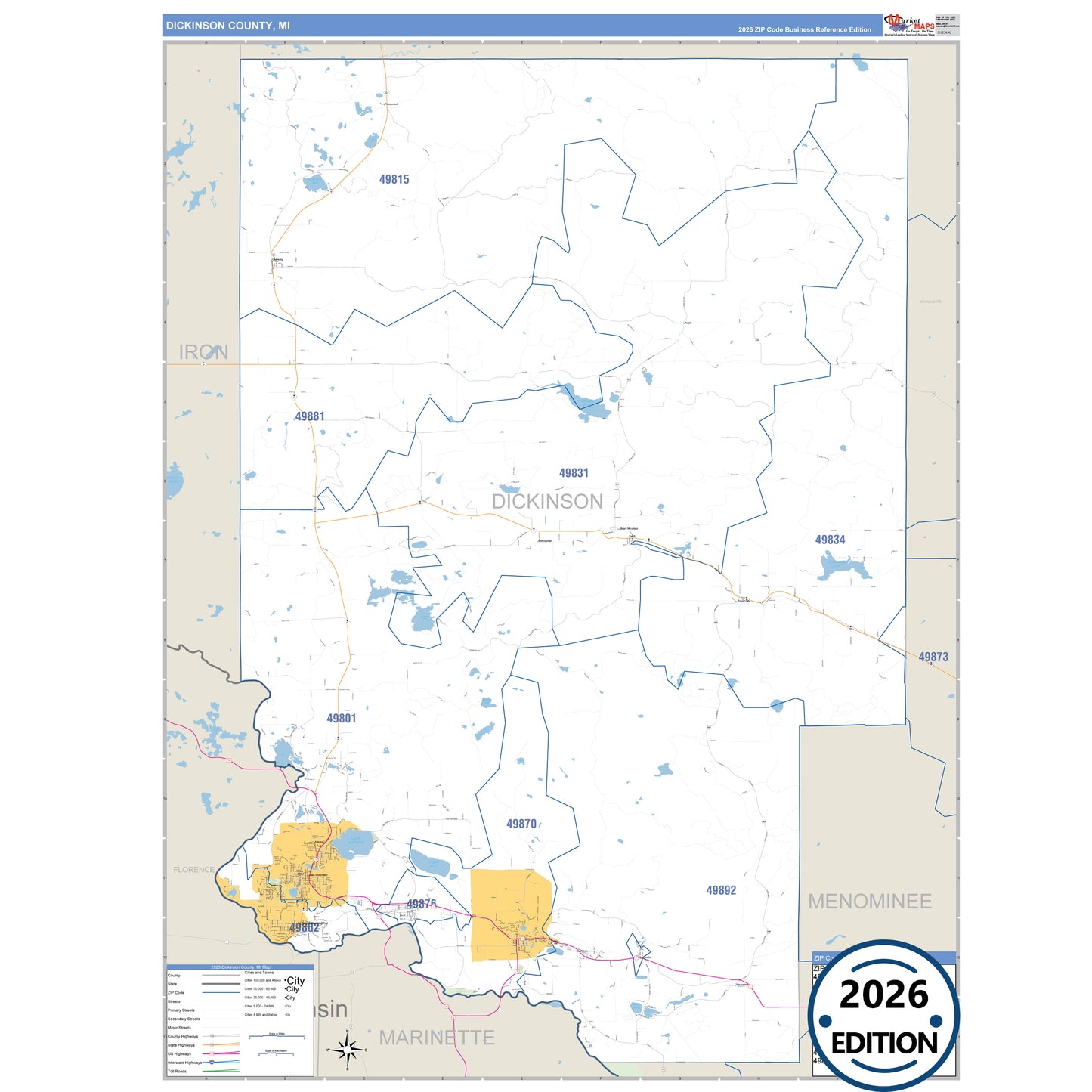 Dickinson County, MI Business Reference 5 Digit ZIP Code Wall Map