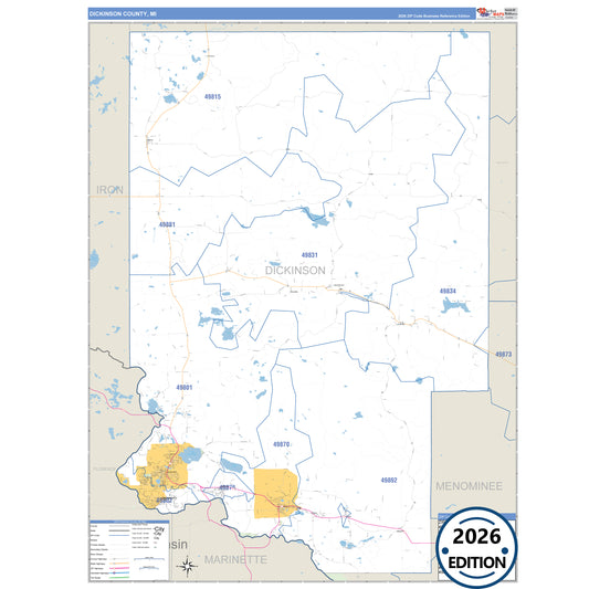 Dickinson County, MI Business Reference 5 Digit ZIP Code Wall Map