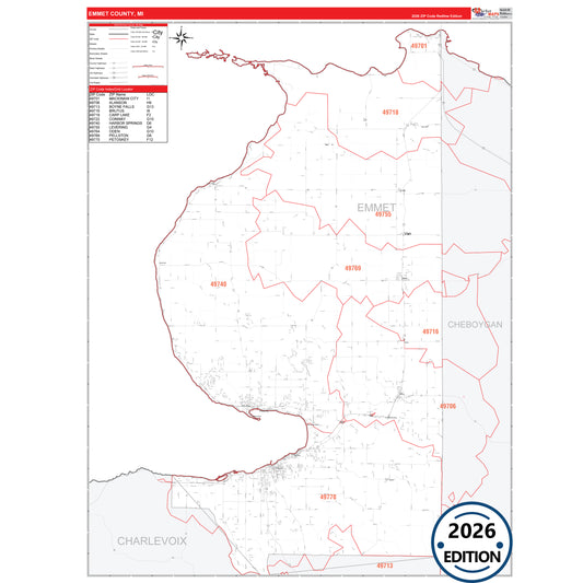 Emmet County, MI Red Line 5 Digit ZIP Code Wall Map