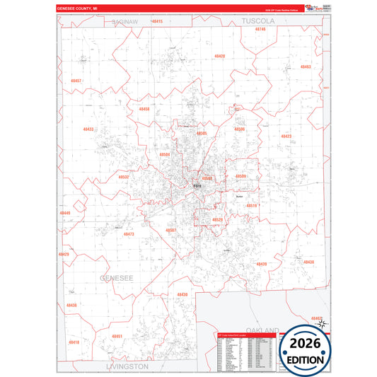 Genesee County, MI Red Line 5 Digit ZIP Code Wall Map
