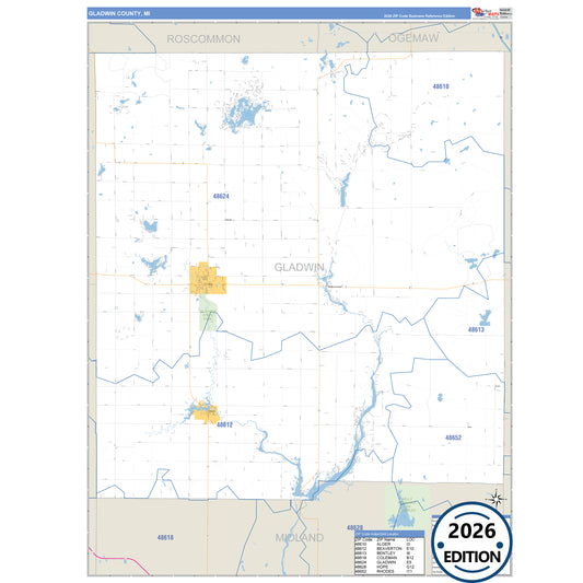 Gladwin County, MI Business Reference 5 Digit ZIP Code Wall Map