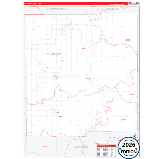 Gladwin County, MI Red Line 5 Digit ZIP Code Wall Map