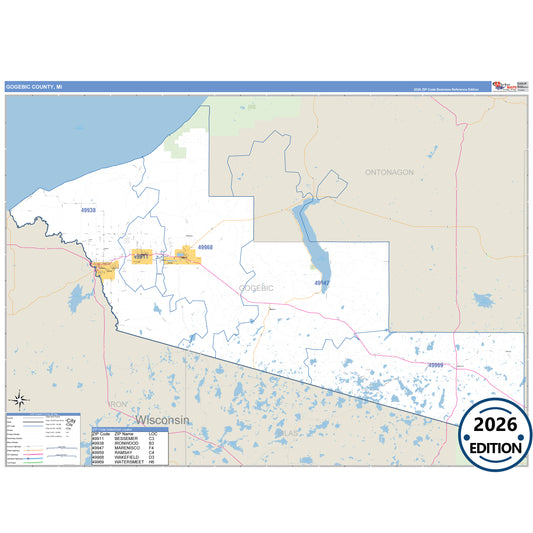 Gogebic County, MI Business Reference 5 Digit ZIP Code Wall Map