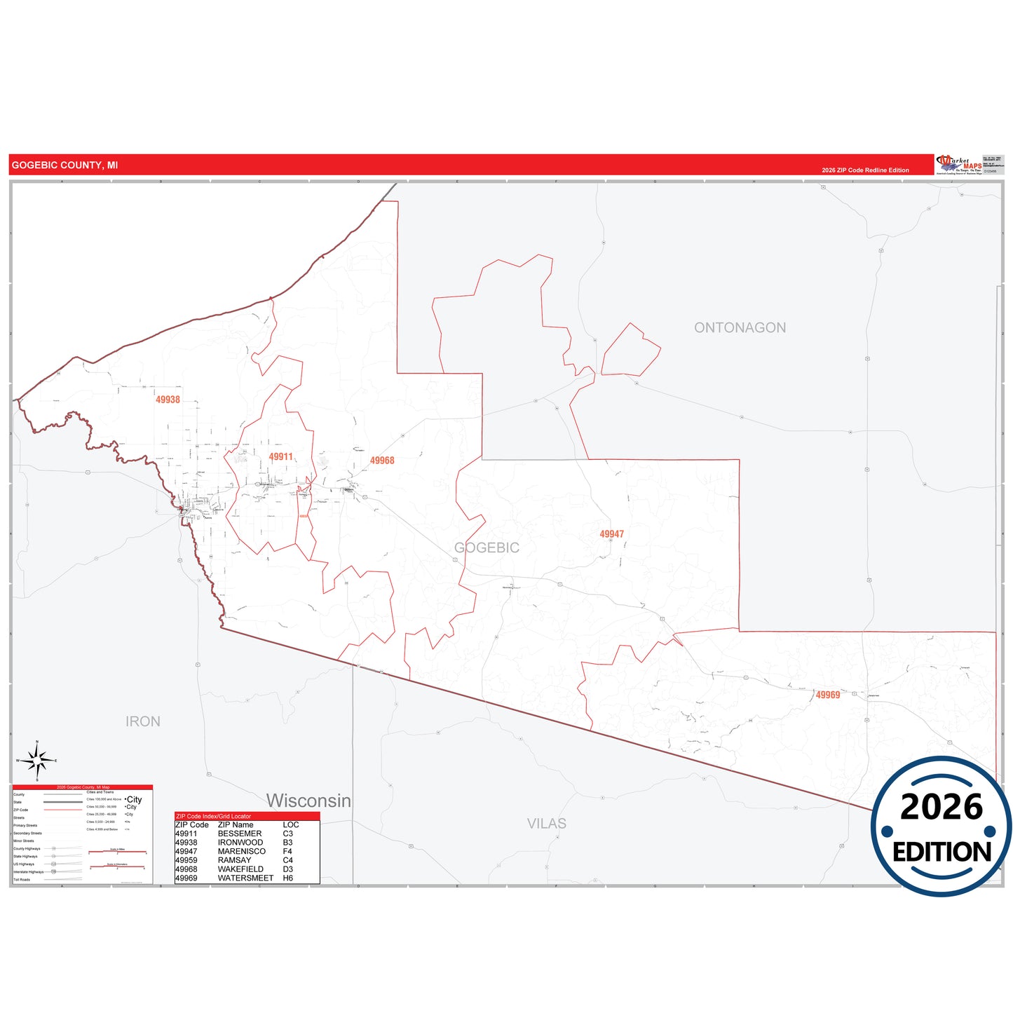 Gogebic County, MI Red Line 5 Digit ZIP Code Wall Map