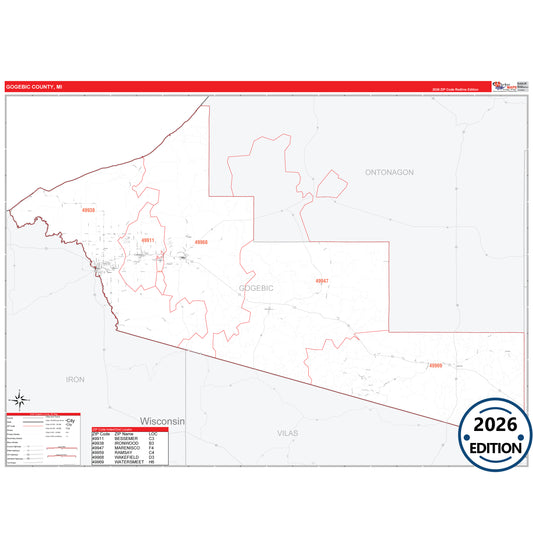 Gogebic County, MI Red Line 5 Digit ZIP Code Wall Map