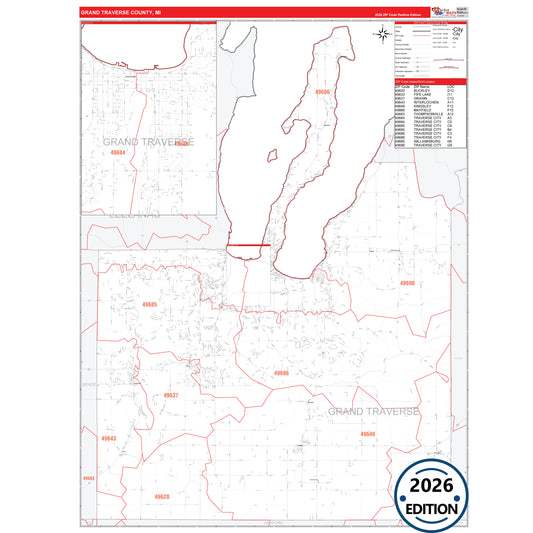 Grand Traverse County, MI Red Line 5 Digit ZIP Code Wall Map