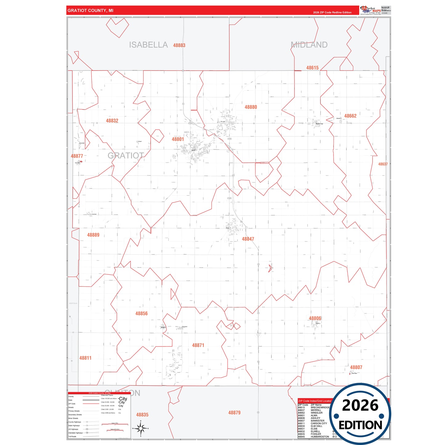 Gratiot County, MI Red Line 5 Digit ZIP Code Wall Map
