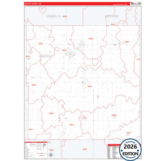 Gratiot County, MI Red Line 5 Digit ZIP Code Wall Map