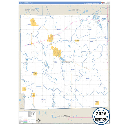 Hillsdale County, MI Business Reference 5 Digit ZIP Code Wall Map