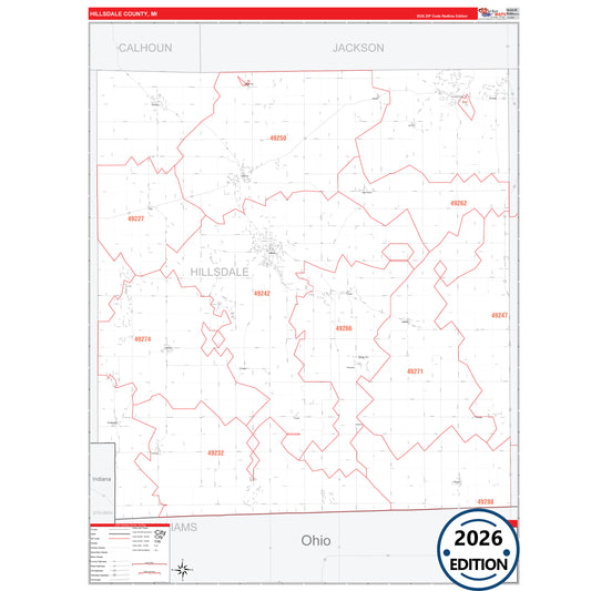 Hillsdale County, MI Red Line 5 Digit ZIP Code Wall Map
