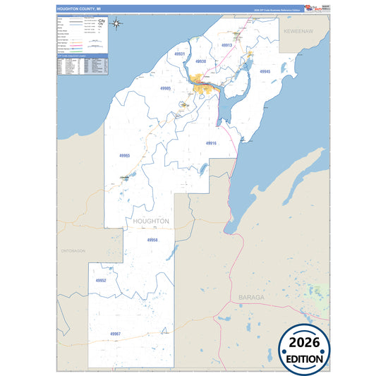 Houghton County, MI Business Reference 5 Digit ZIP Code Wall Map