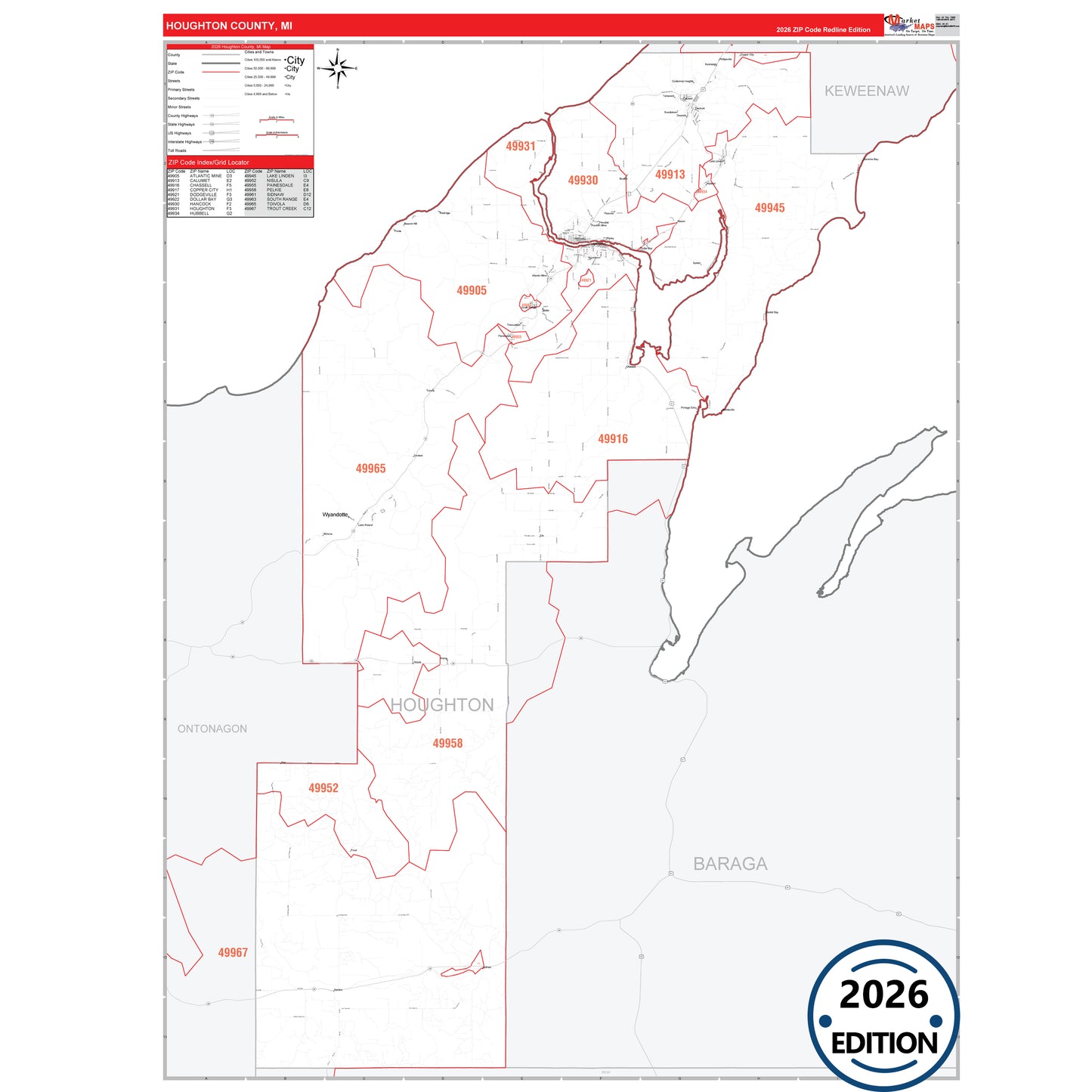 Houghton County, MI Red Line 5 Digit ZIP Code Wall Map