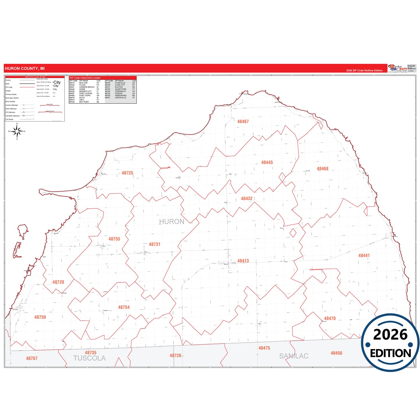 Huron County, MI Red Line 5 Digit ZIP Code Wall Map