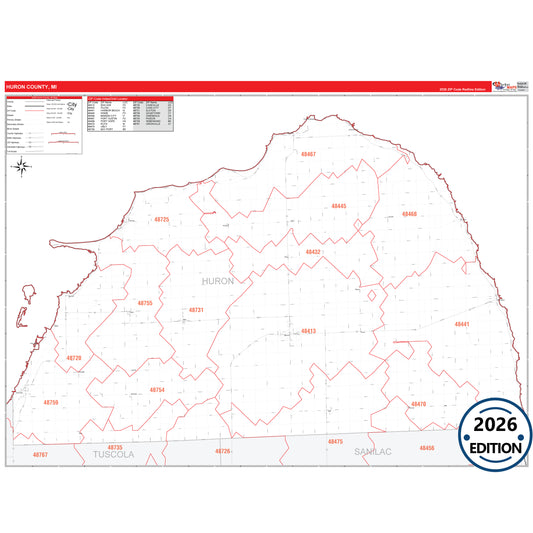 Huron County, MI Red Line 5 Digit ZIP Code Wall Map
