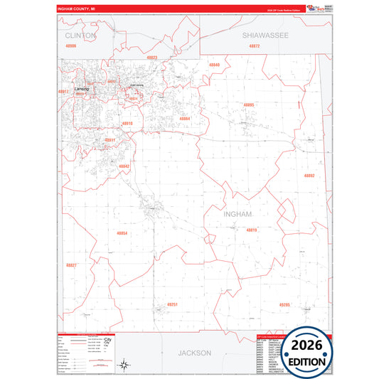 Ingham County, MI Red Line 5 Digit ZIP Code Wall Map