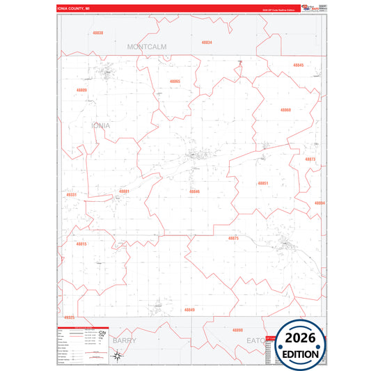Ionia County, MI Red Line 5 Digit ZIP Code Wall Map