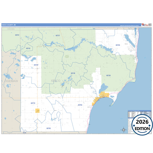 Iosco County, MI Business Reference 5 Digit ZIP Code Wall Map