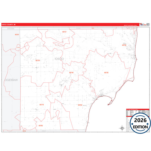 Iosco County, MI Red Line 5 Digit ZIP Code Wall Map