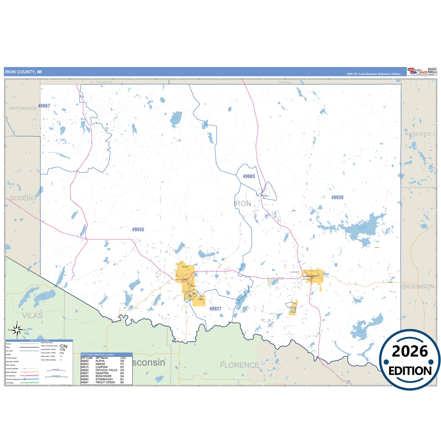 Iron County, MI Business Reference 5 Digit ZIP Code Wall Map