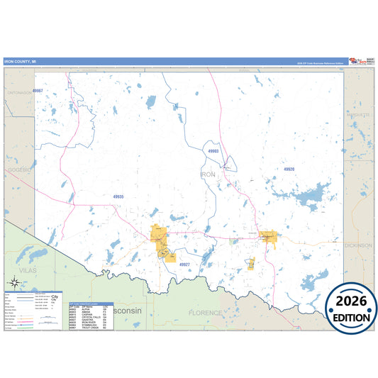 Iron County, MI Business Reference 5 Digit ZIP Code Wall Map