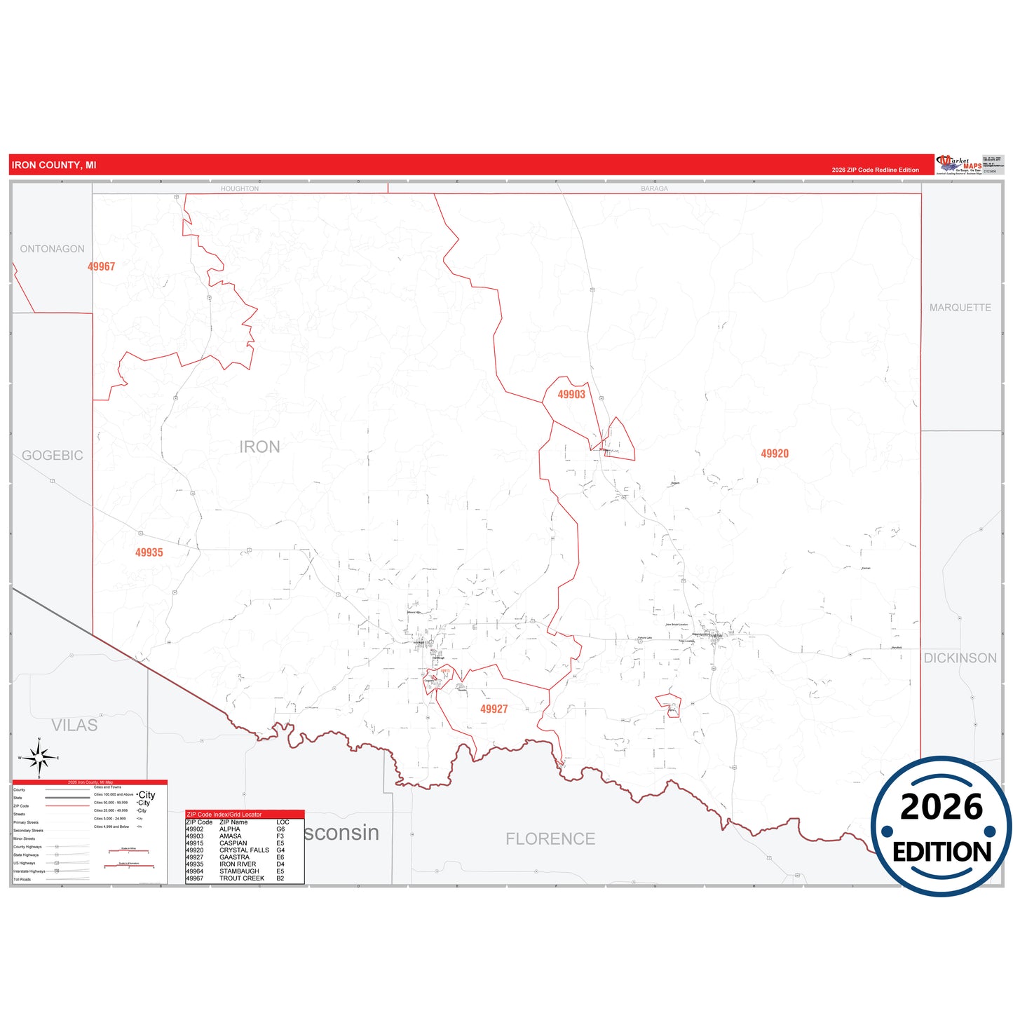 Iron County, MI Red Line 5 Digit ZIP Code Wall Map